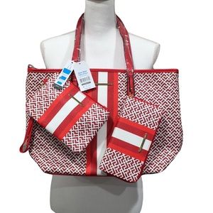 New With Tag Time & Tru 3 pc set Red & White Tote, Wristlet & Wallet